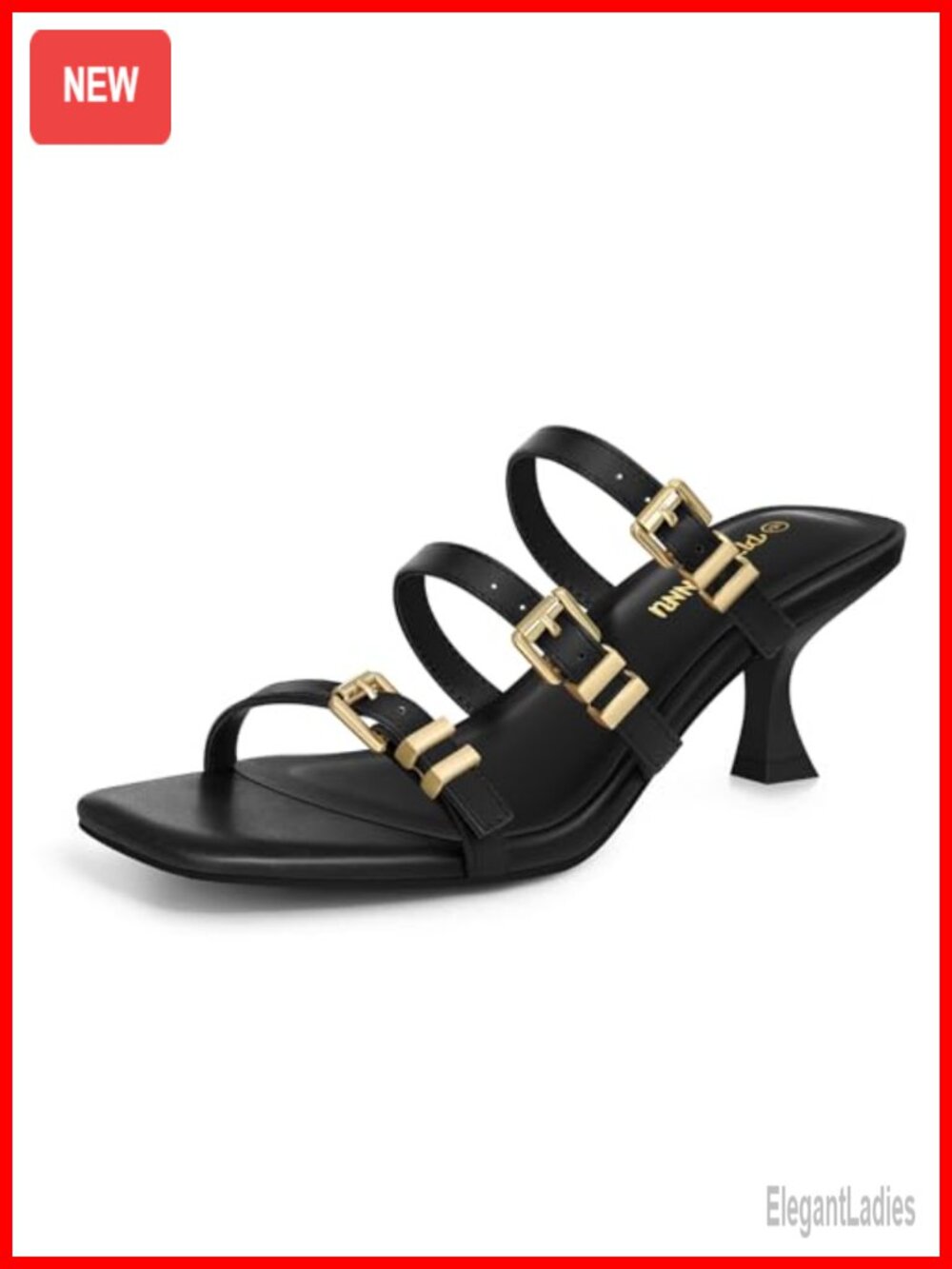 Kitten Heel Sandals Square Open Toe Slip-On Mules Three Buckle Dress Pumps